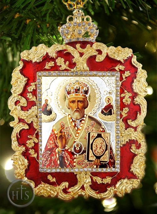 HolyTrinityStore Photo - St. Nicholas, Square Shaped Ornament Icon Pendant, Red