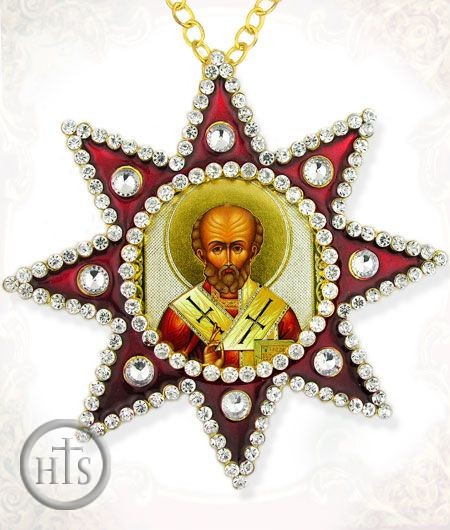 HolyTrinityStore Image - St. Nicholas, Ornament Icon Pendant with Chain, Red