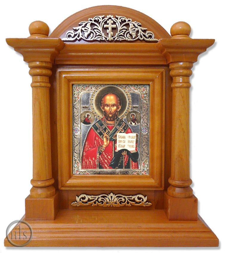Product Pic - St. Nicholas Wonderworker, Kiot  Icon  in Wood Shrine with Glass