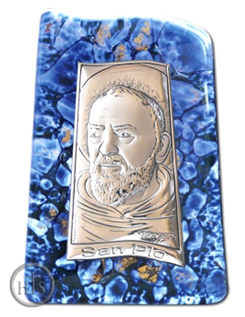 Product Pic - St.  Padre Pio, Silver Icon on Murano Style Glass with Stand