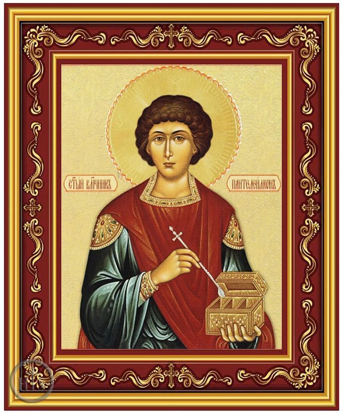 HolyTrinityStore Image - Saint Panteleimon The Healer, Gold Foil Orthodox Icon in Frame 