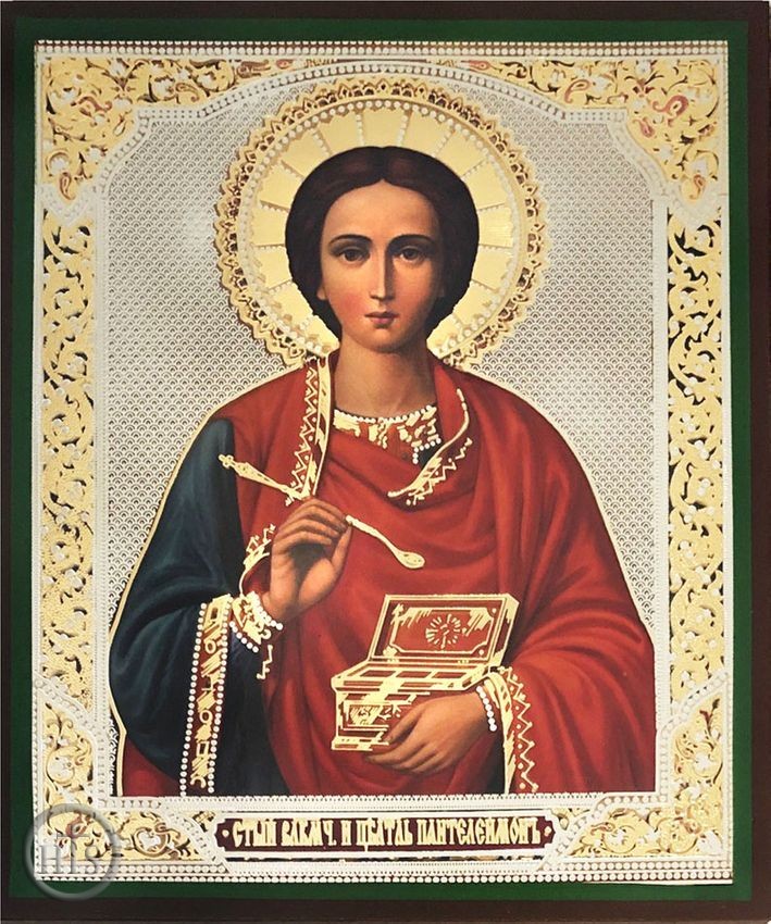 HolyTrinityStore Picture - St Panteleimon The Healer, Gold and Silver Foiled Orthodox Icon