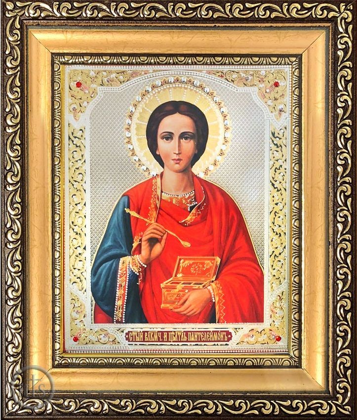 HolyTrinityStore Picture - St Panteleimon,  Framed Orthodox Icon with Crystals and Protective Glass