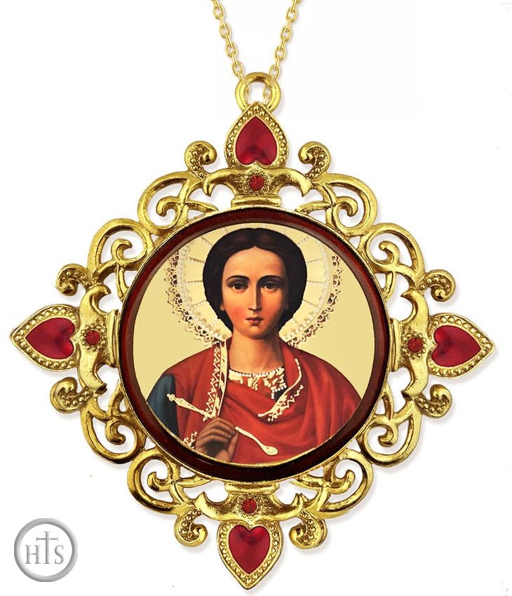 Pic - Saint Panteleimon, Jeweled Round Framed Icon with Chain