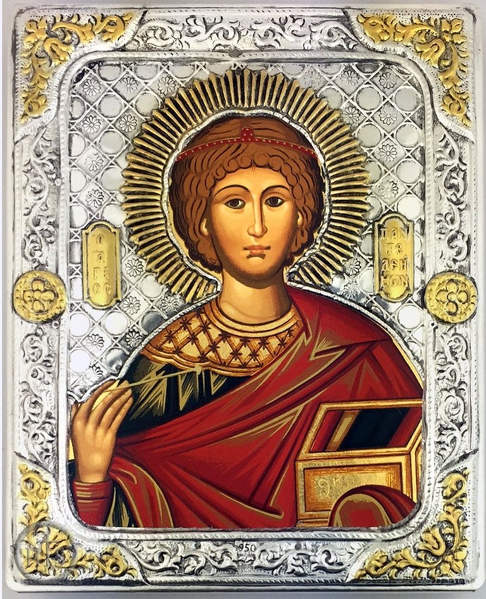 HolyTrinityStore Image - St Panteleimon (The Healer), Serigraph  Icon in Silver  Gold Plated Riza