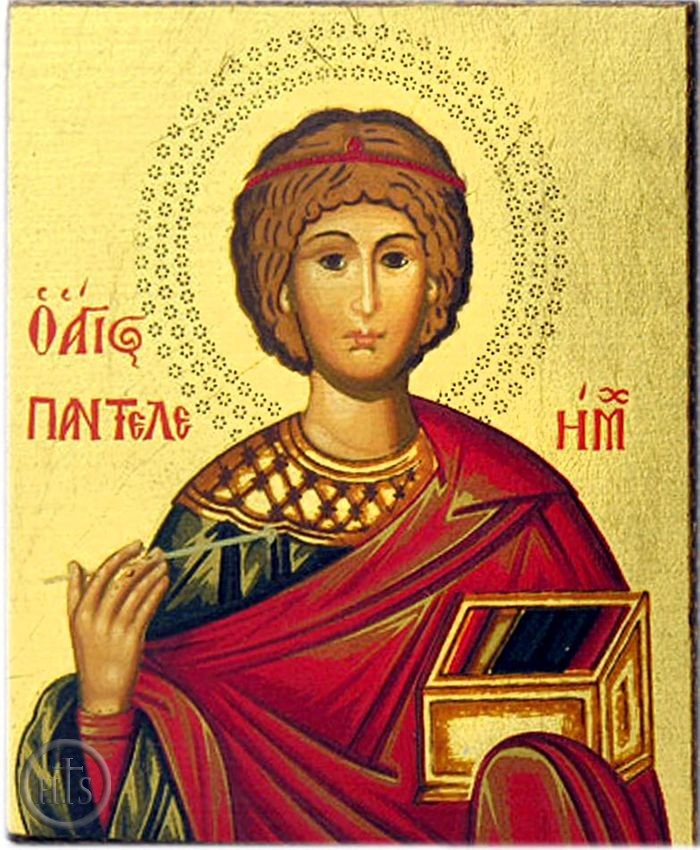 HolyTrinityStore Image - St. Panteleimon The Healer, Serigraph Mini Icon, Bronze Leaf 