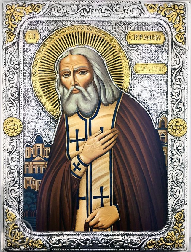 HolyTrinityStore Image - St. Seraphim Sarovsky,   Serigraph  Icon in Silver  / Gold Plated Riza
