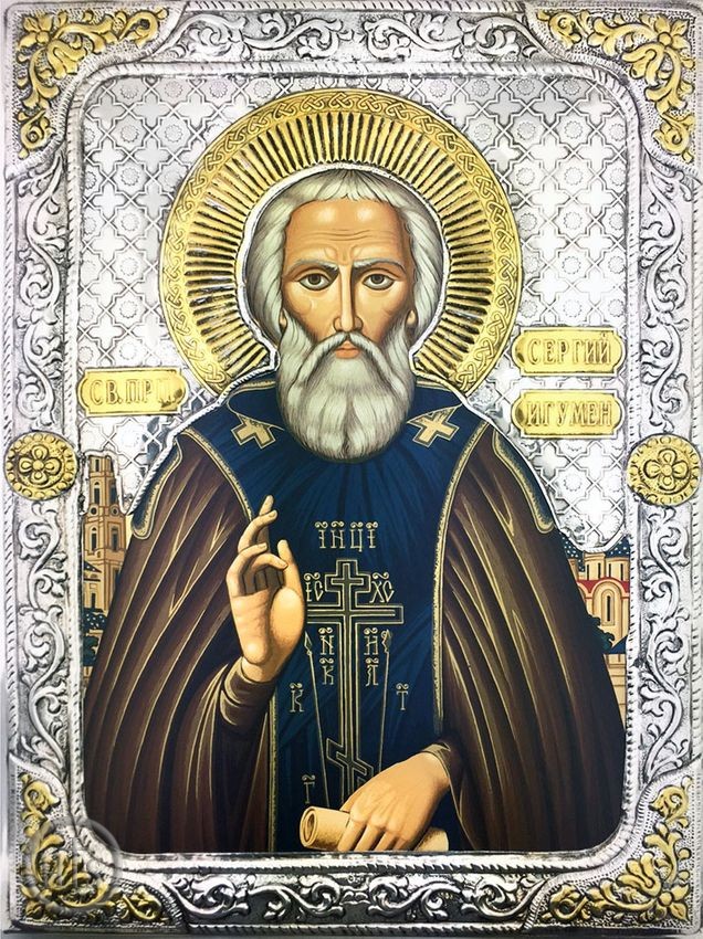 HolyTrinityStore Photo - Saint Sergius of Radonezh, Serigraph  Icon in Silver  / Gold Plated Riza
