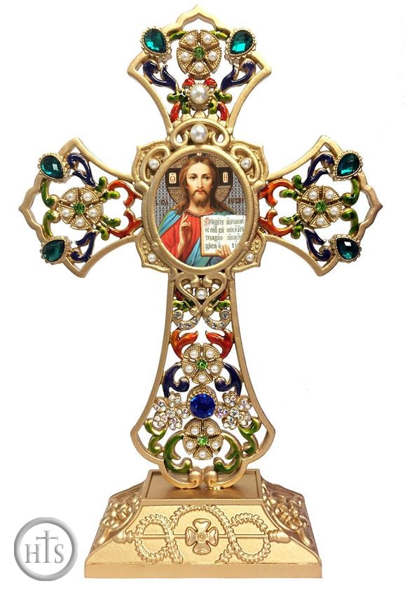 Product Photo - Standing Jeweled Cross with Icon of Christ