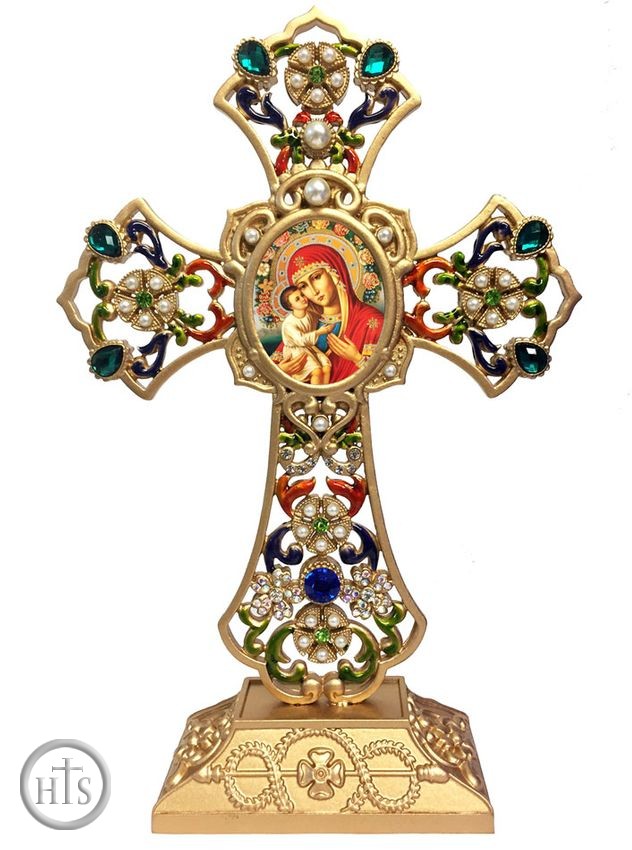 Picture - Standing Jeweled Cross with Virgin Mary Zirovitskaya Icon