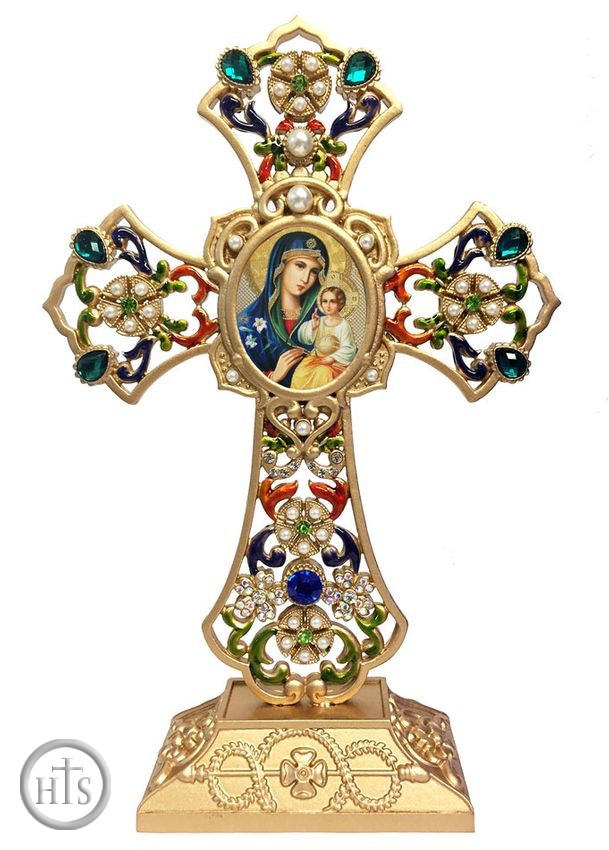 HolyTrinity Pic - Standing Jeweled Cross with Virgin Mary Eternal Bloom Icon