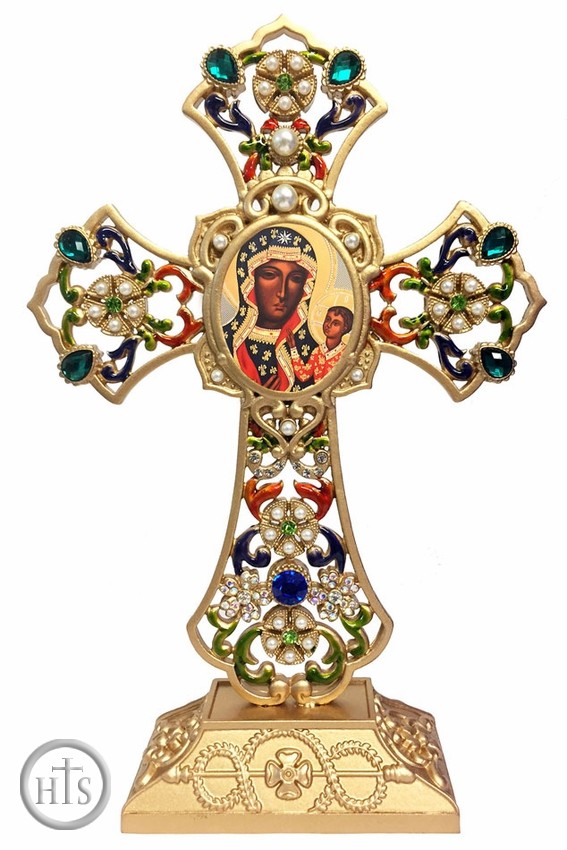 HolyTrinityStore Image - Standing Jeweled Cross with Virgin Mary Czestochowa Icon