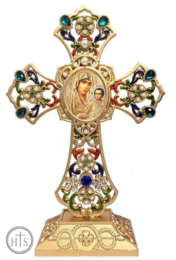 Product Image - Standing Jeweled Cross with Virgin of Jerusalem Icon