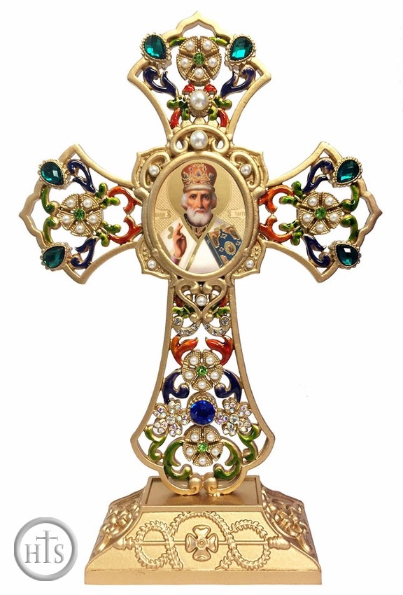 Product Picture - Filigree Standing Jeweled Cross with St. Nicholas Icon