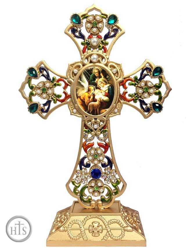 HolyTrinity Pic - Standing Jeweled Cross with Nativity Scene Icon