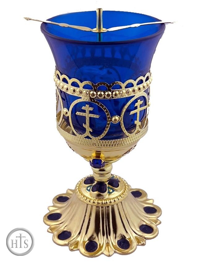 Product Pic - Gold Plated Standing Lamp with Crosses, Blue, Heavy Gold Plated