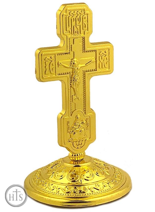 HolyTrinityStore Picture - Metal Gold Tone Standing Cross with Corpus Crucifix, Small
