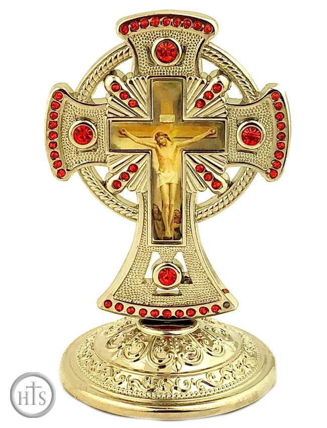 Product Image - Metal Silver Tone Standing Cross with Red Crystals