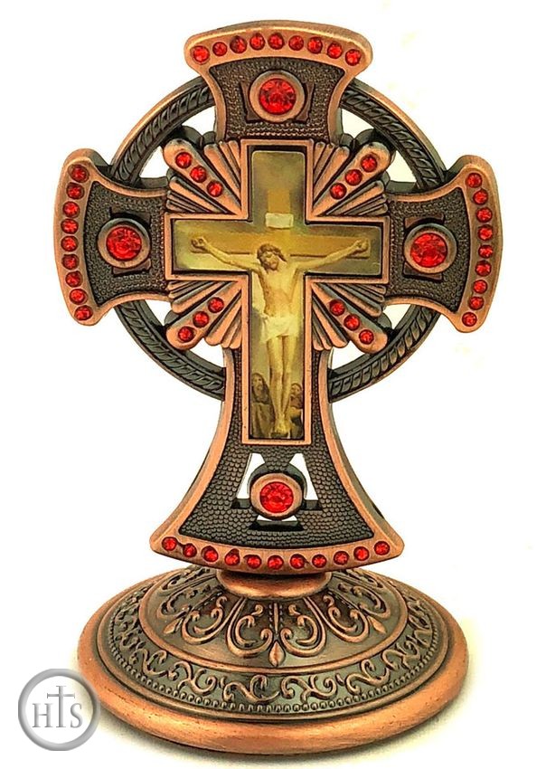 Picture - Metal Bronze Tone Standing Cross with Red Crystals