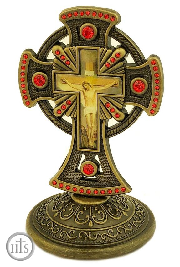 Product Picture - Metal Brass Tone Standing Cross with Red Crystals