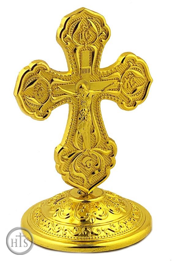 Picture - Metal Gold Tone Standing Cross with Corpus Crucifix, Small