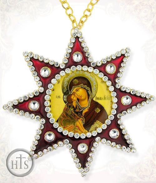 Product Photo - Virgin Mary Donskaya, Ornament Icon Pendant with Chain, Red