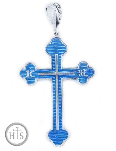 HolyTrinity Pic - Silver 935 Orthodox  Cross, Blue Enameled  with ICXC