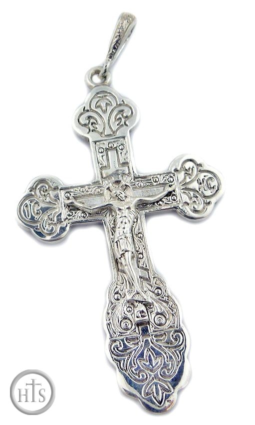 Picture - Sterling Silver Orthodox Three Bar Cross with Corpus Crucifix, Large