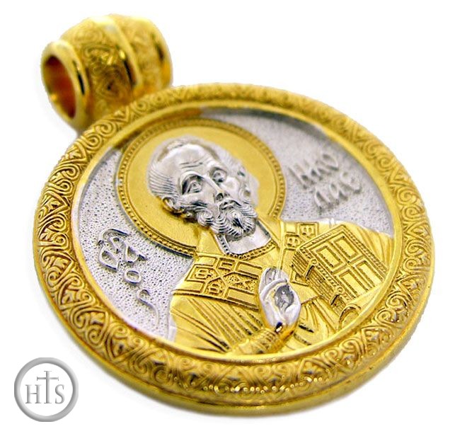 HolyTrinityStore Image - St. Nicholas, Sterling Silver Gold Plated Engraved Pendant 
