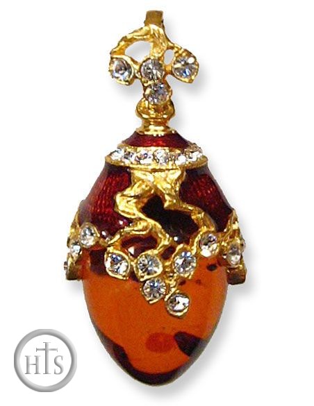 Product Pic - Sterling Silver Enameled  Pendant Egg, 24Kt Gold Plated  with Amber