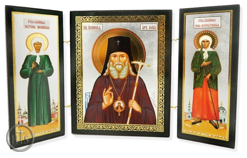 HolyTrinityStore Picture - St. Luke the Surgeon, St. Matrona & St Xenia, Triptych, Gold & Silver Foil