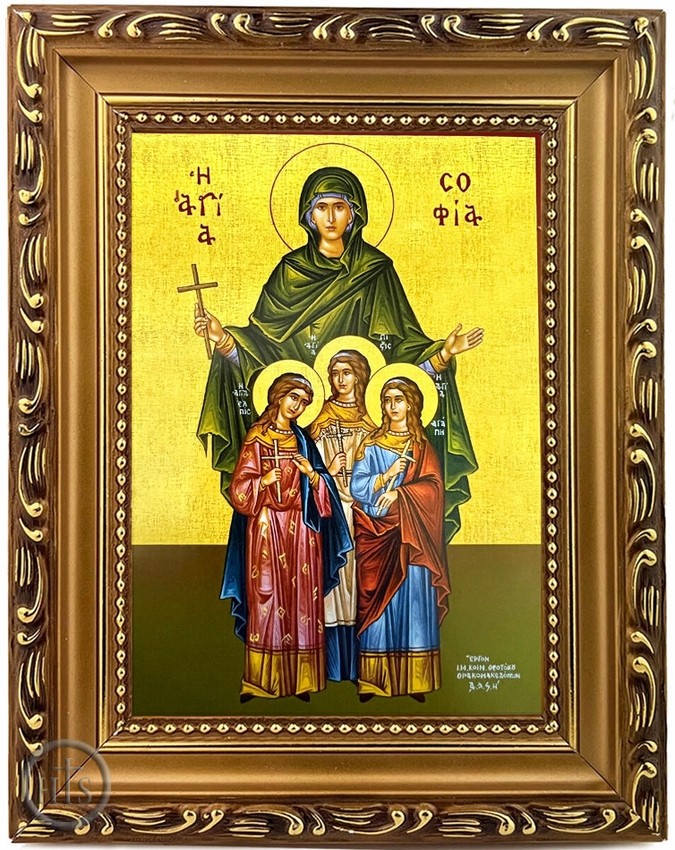 HolyTrinity Pic - Saints Sophia and Daughters, Wooden Frame Icon with Stand