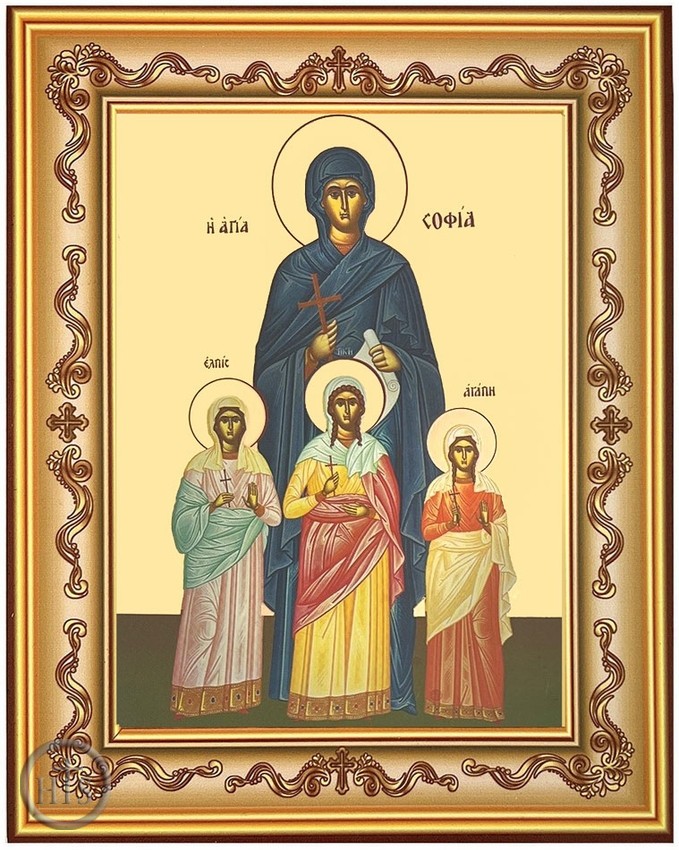 Pic - Saints Sophia and Daughters, Greek Byzantine Icon in Frame with Stand