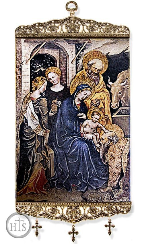 Product Image - Nativity of Christ, Textile Art  Tapestry Icon Banner with Crosses, Large