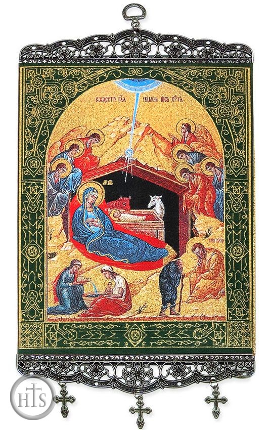 Image - Nativity of Christ, Textile Art  Tapestry Icon Banner with Crosses, Large