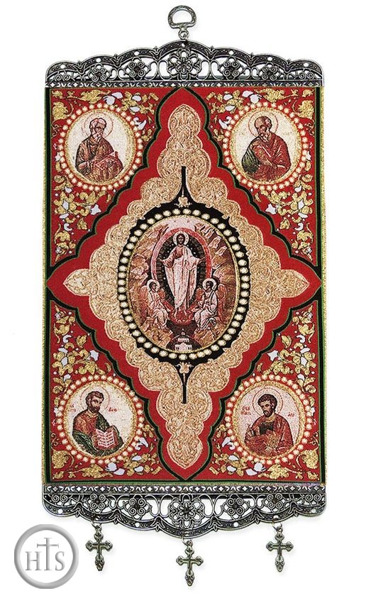 HolyTrinityStore Photo - Resurrection of Christ with St. Evangelists,   Tapestry Icon Banner with Crosses, Large