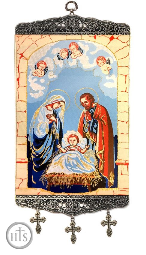 HolyTrinityStore Image - Nativity of Christ, Textile Art  Tapestry Icon Banner with Crosses, Large