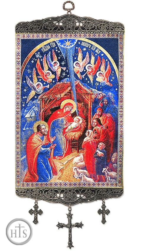 Picture - Nativity of Christ, Textile Art  Tapestry Icon Banner with Crosses, Large