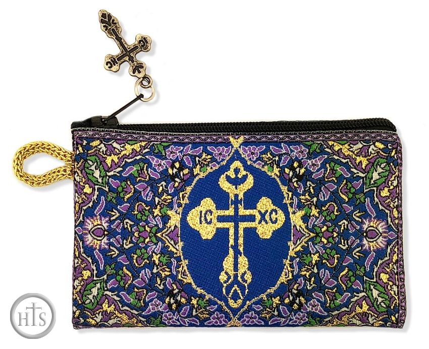 HolyTrinityStore Image - Byzantine Cross, Tapestry Pouch Case Purse, Purple / Blue / Gold 