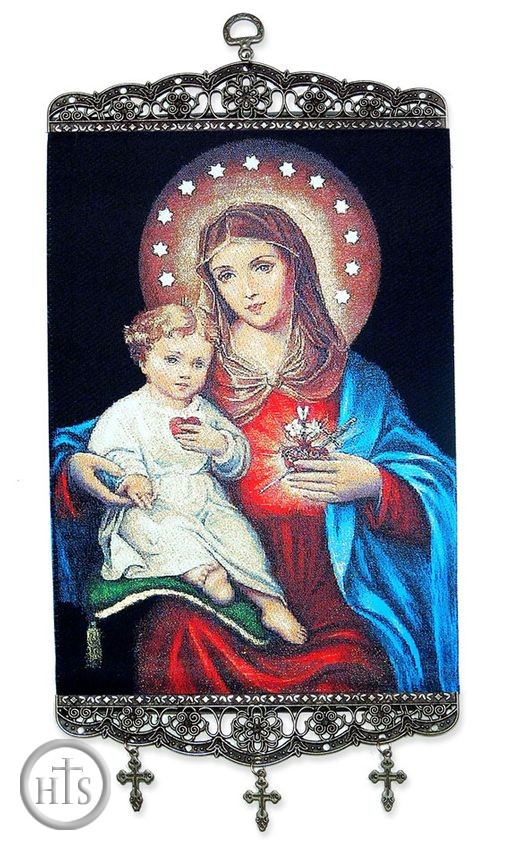 Photo - Virgin Mary Sacred Heart & Christ, Textile Art  Tapestry Icon Banner, 17