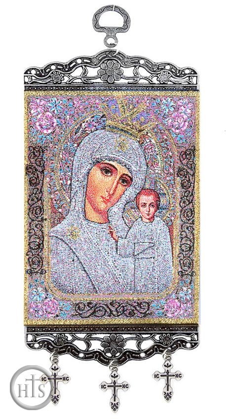 HolyTrinityStore Image - Virgin of Kazan, Textile Art  Tapestry Icon Banner, ~10