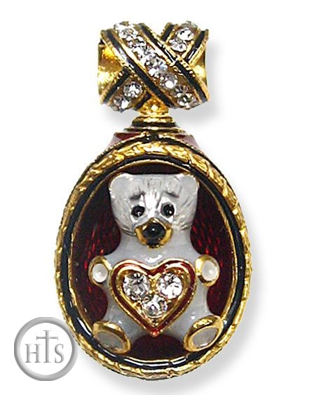 Product Picture - Teddy Bear With Heart, Faberge Style Egg  Pendant, 24KT Gold Plated