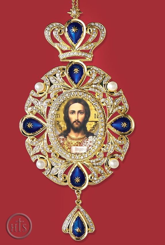 Photo - Jesus Christ, Panagia Style Icon Ornament / Blue Crystals