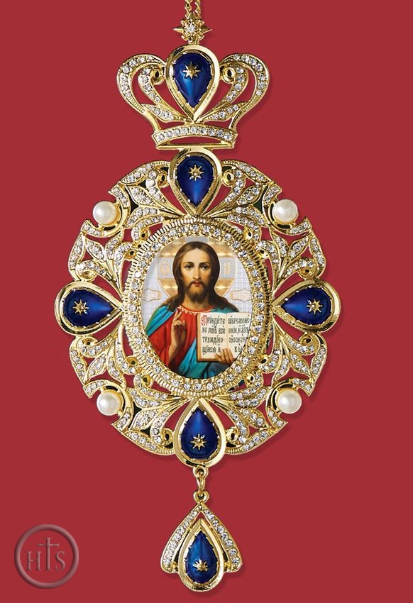 HolyTrinityStore Photo - Christ The Teacher, Panagia Style Icon Ornament / Blue Crystals