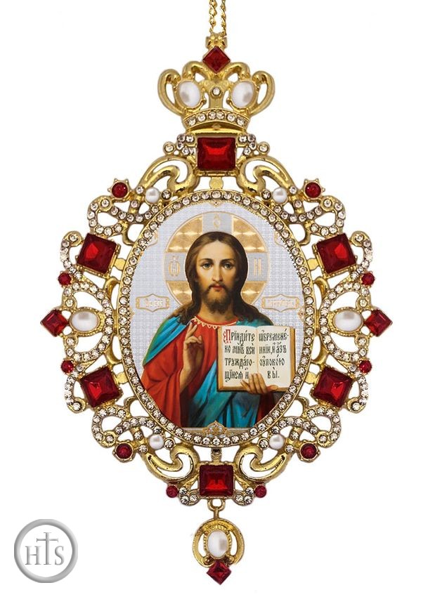 Pic - Jesus Christ, Panagia Style Icon Ornament / Red Crystals