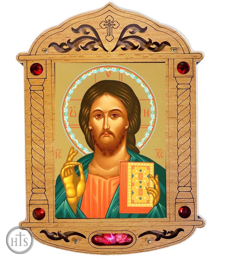 HolyTrinityStore Photo - Christ The Teacher Icon in Wooden Shrine with Glass and Incense