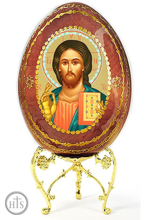 Product Pic - Christ The Teacher, Wooden Decoupage Icon Egg with Stand