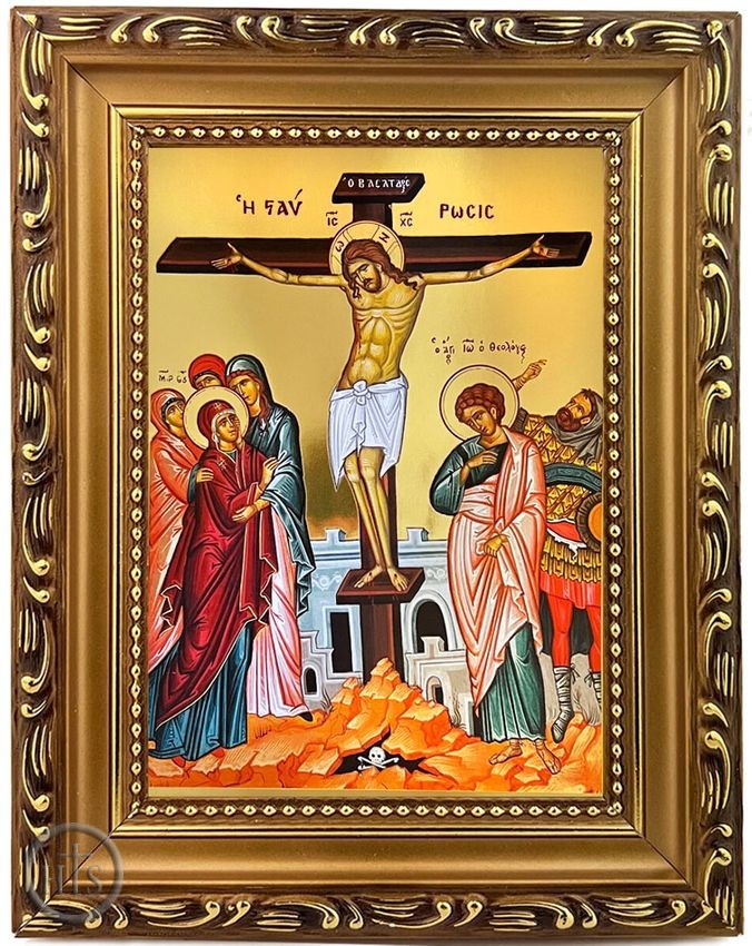 Product Picture - The Crucifixion, Wooden Frame Gold Foil Icon with Stand