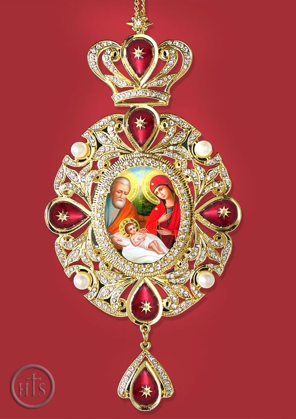 Product Image - The Holy Family, Panagia Style Icon Ornament / Red Crystals