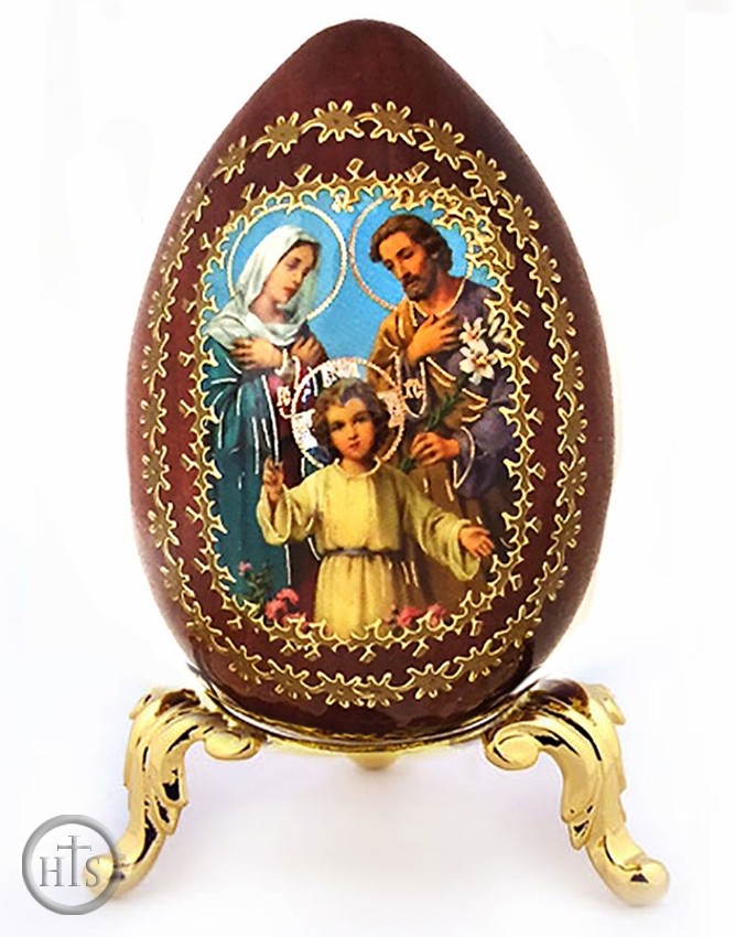 HolyTrinity Pic - The Holy Family, Wooden Icon Egg with  Stand 